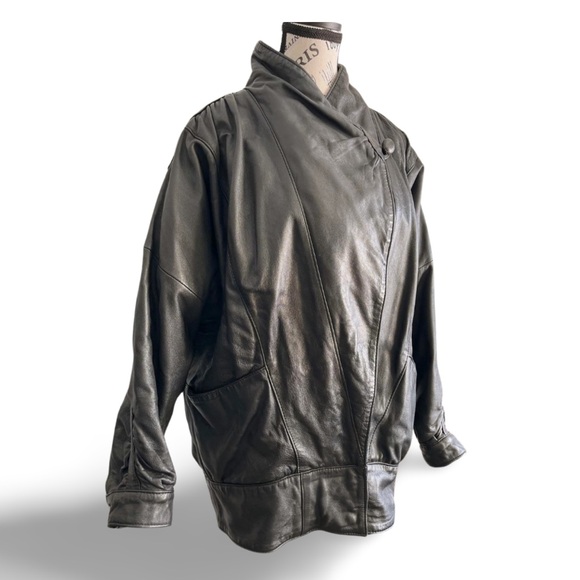 Vintage Black Butter Leather Bomber Jacket With asymmetric wrap Collar Medium - Picture 2 of 9